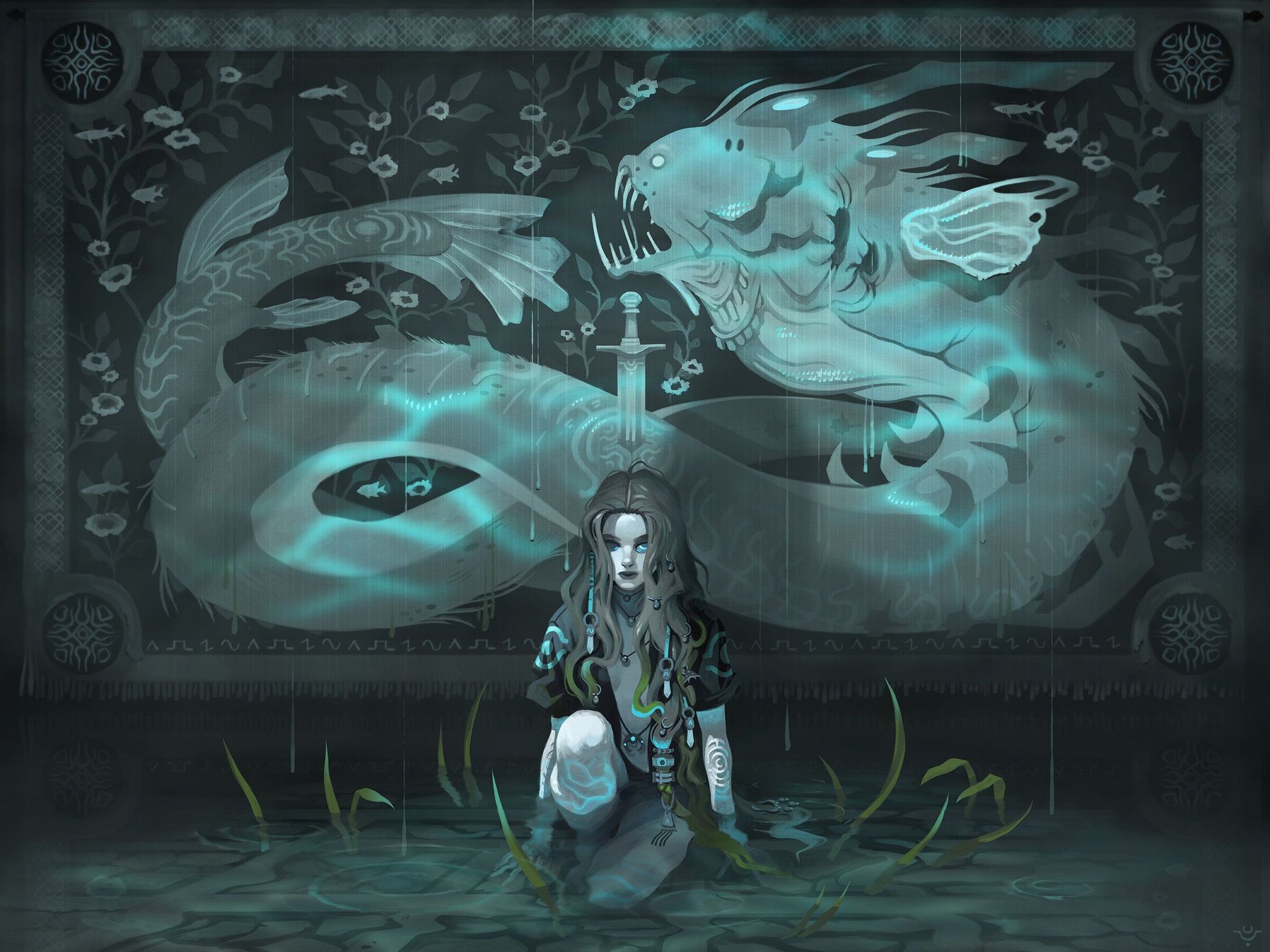 Digital illustration by Brigitte Roka. A girl sitting in front of a poster of a dragon with a sward.