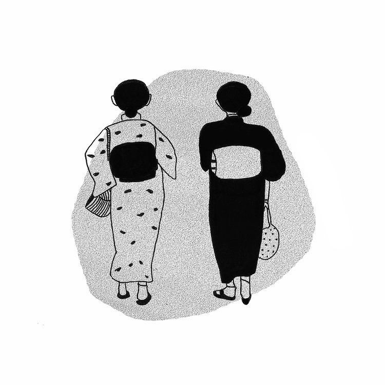 Automatic drawing examples: Japan nostalgia (2016). Two Japanese women. Black fineliner on a white background.